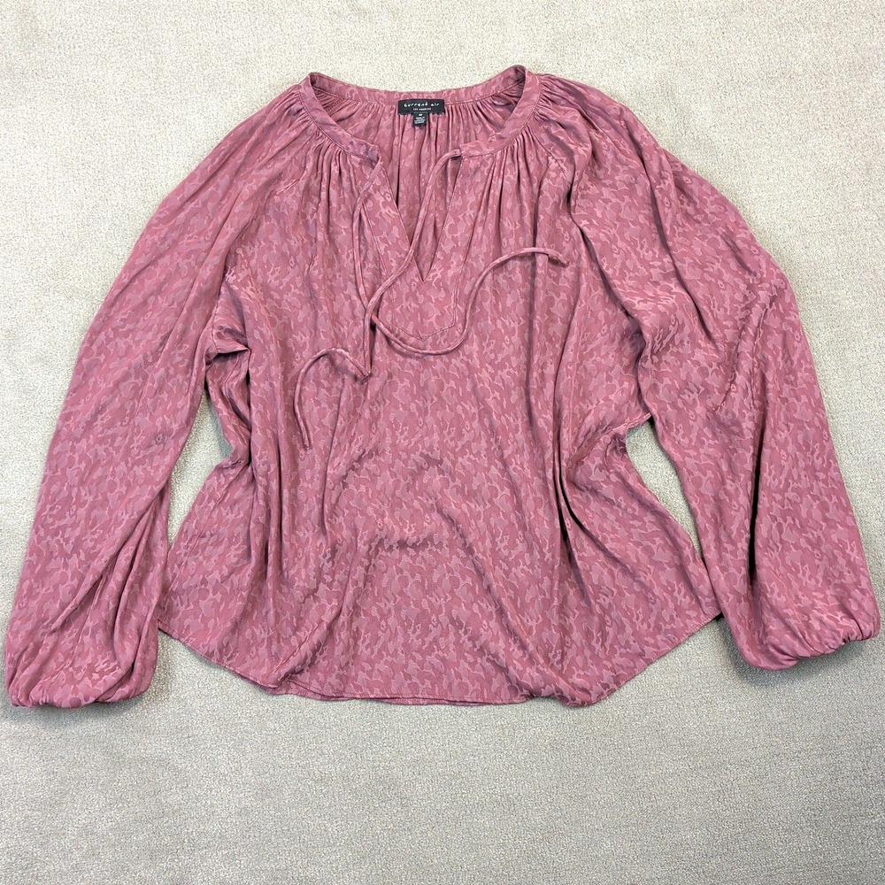 Current Air Blouse Women Medium Mauve Pink Leopard Jacquard Balloon Sleeve Tie V